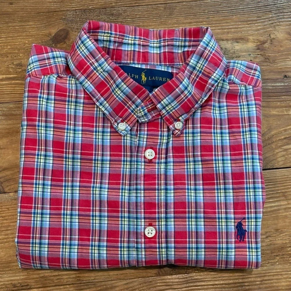 Ralph Lauren Red Tartan Plaid Button Short Sleeve Shirt Boy's Sz Large 14-16 EUC
